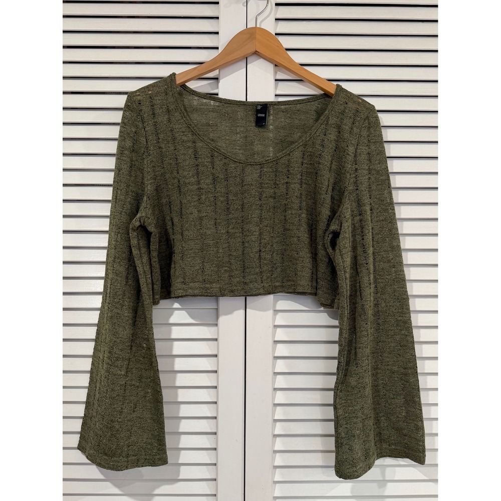 Cider Cropped Bell Sleeve Sheer Open-Weave Knit Sweater Olive Green XL